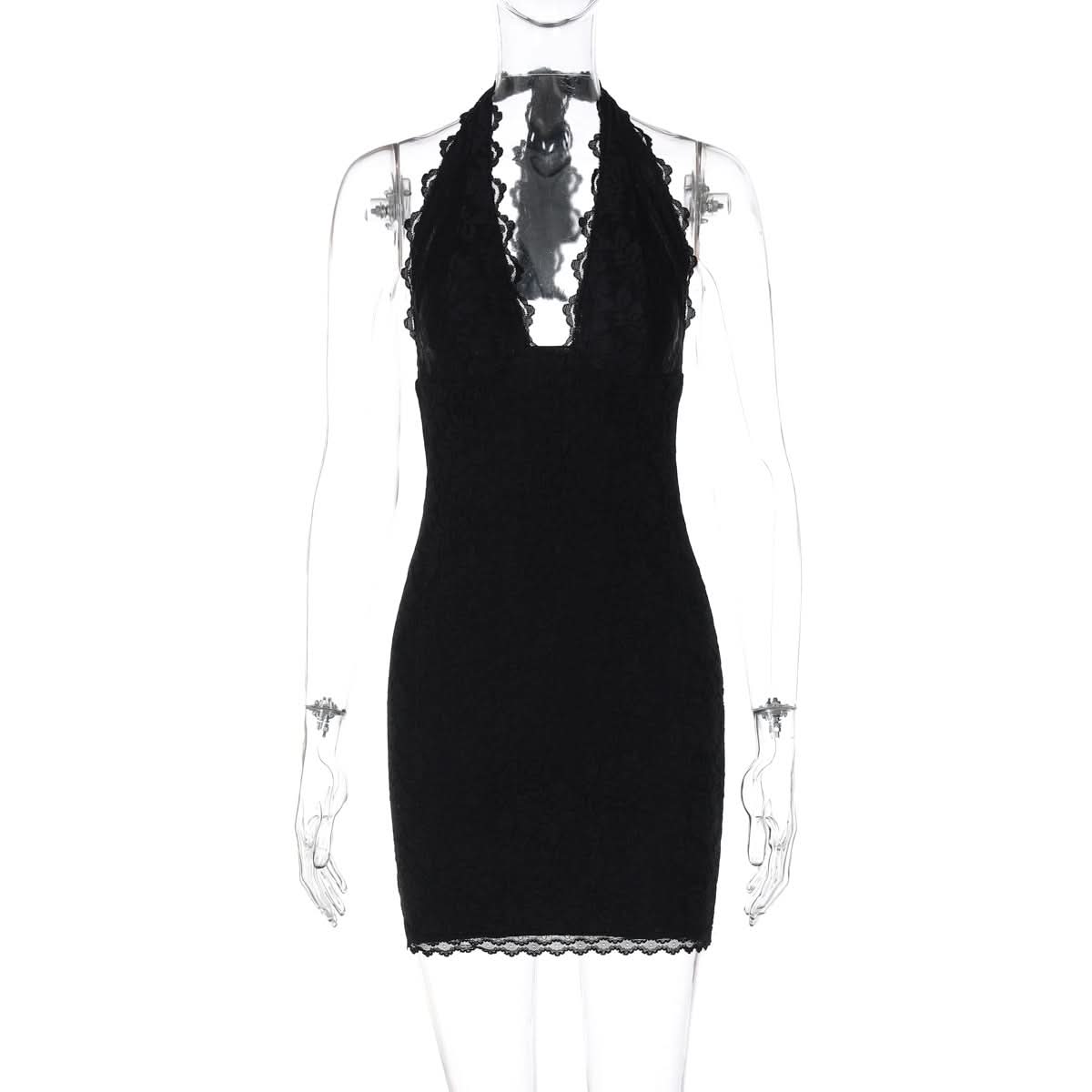 Autumn Allure: Black Lace Halter Bodycon Mini Dress - Your Chic Go-To for Fall & Holiday Parties
