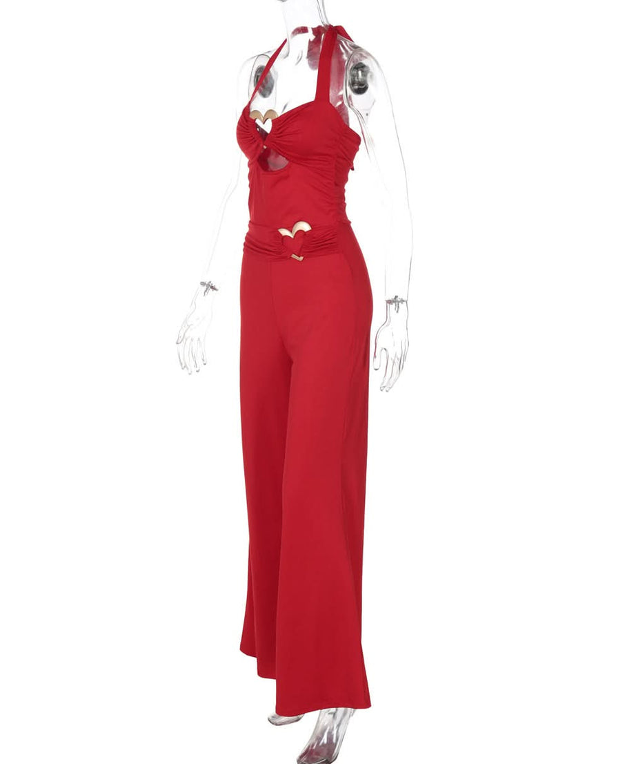 Stunning Red Halter Jumpsuit with Gold Heart Details | Your Festive Fall & Holiday Party Statement