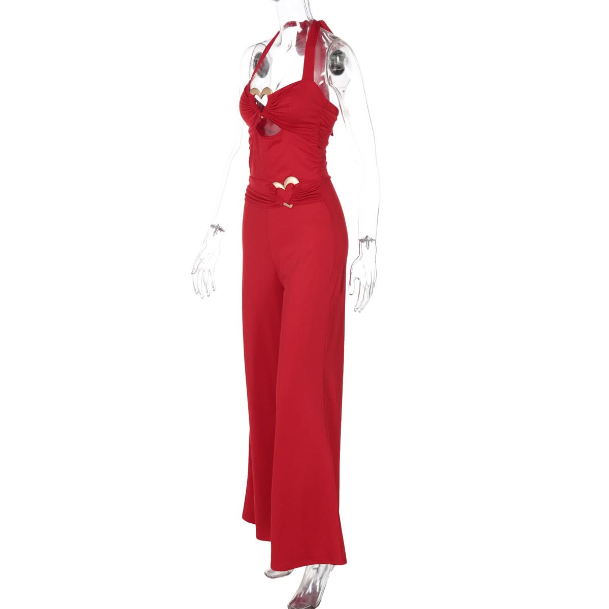 Stunning Red Halter Jumpsuit with Gold Heart Details | Your Festive Fall & Holiday Party Statement