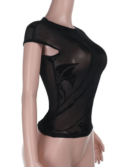 Dark Romance Flocked Floral Sheer Mesh Cap Sleeve Top - Fall's Enchanted Layer