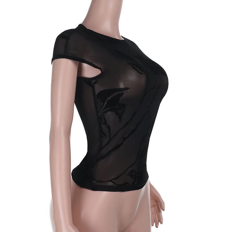 Dark Romance Flocked Floral Sheer Mesh Cap Sleeve Top - Fall's Enchanted Layer