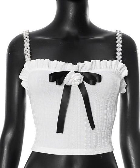 Chic Coquette Bow & Pearl Ruffle Crop Top - Strapless Fall Party & Holiday Ready