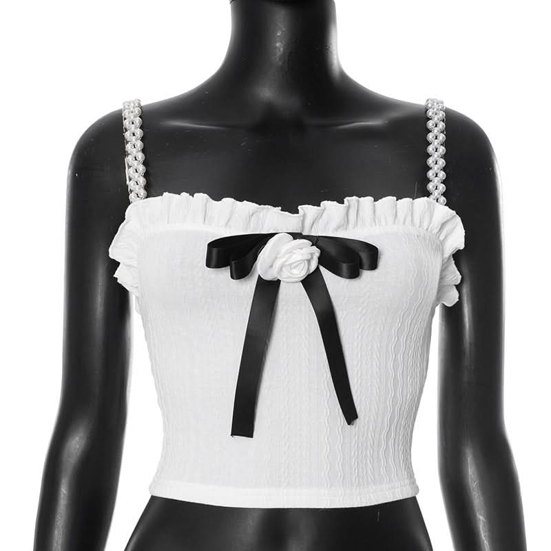 Chic Coquette Bow & Pearl Ruffle Crop Top - Strapless Fall Party & Holiday Ready