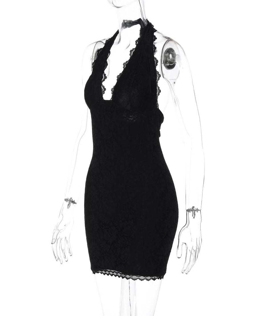Autumn Allure: Black Lace Halter Bodycon Mini Dress - Your Chic Go-To for Fall & Holiday Parties