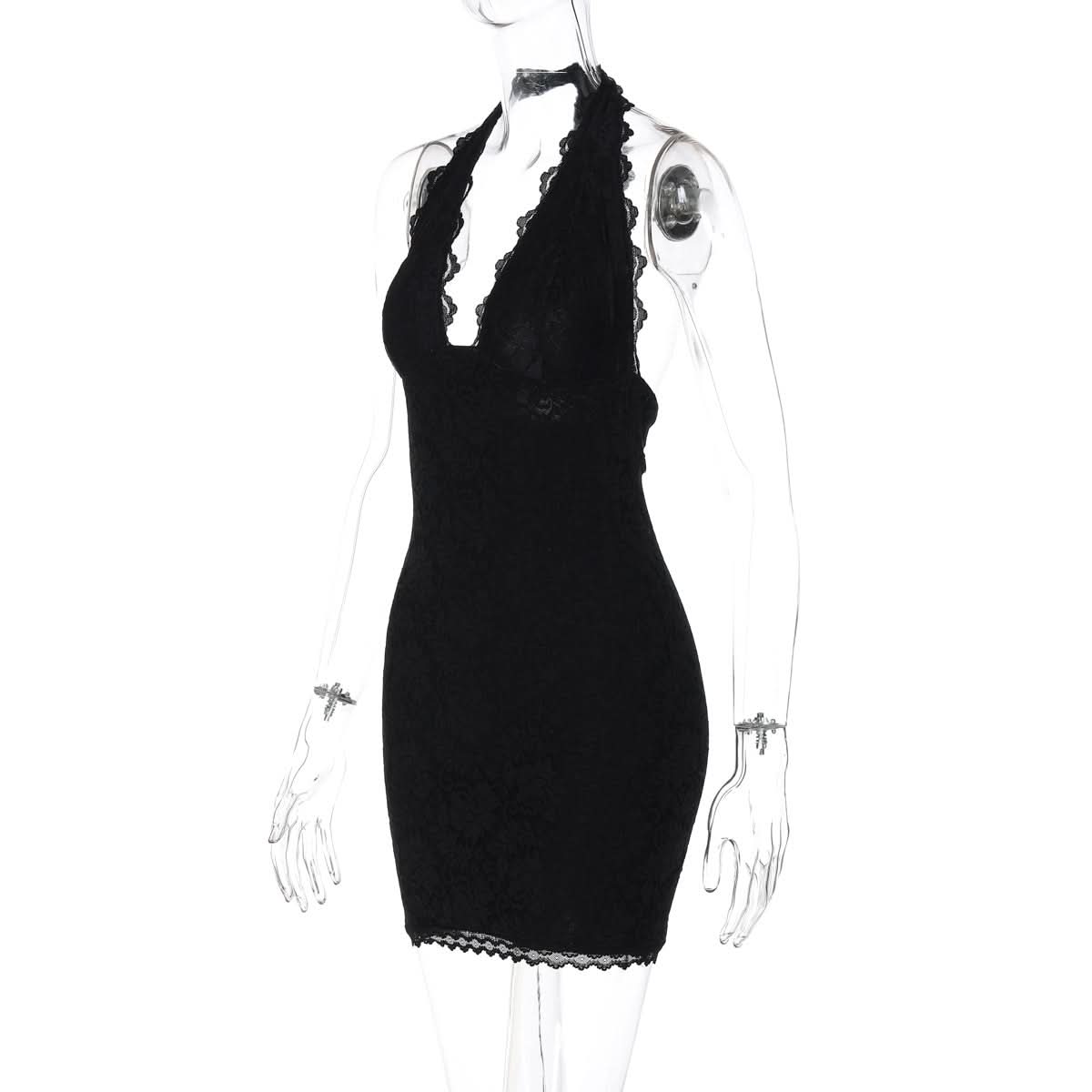 Autumn Allure: Black Lace Halter Bodycon Mini Dress - Your Chic Go-To for Fall & Holiday Parties