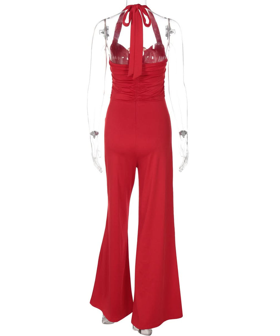 Stunning Red Halter Jumpsuit with Gold Heart Details | Your Festive Fall & Holiday Party Statement