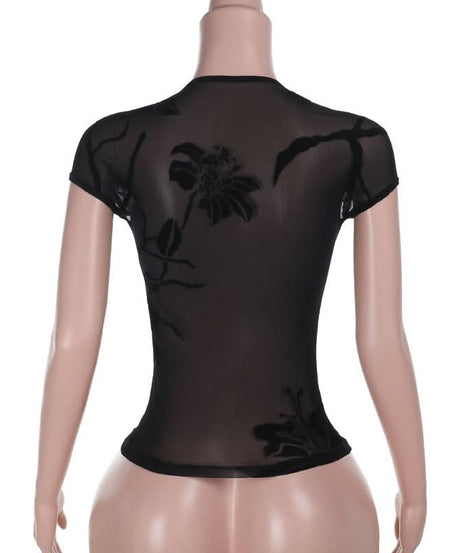 Dark Romance Flocked Floral Sheer Mesh Cap Sleeve Top - Fall's Enchanted Layer