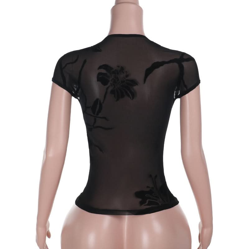 Dark Romance Flocked Floral Sheer Mesh Cap Sleeve Top - Fall's Enchanted Layer