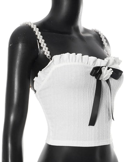 Chic Coquette Bow & Pearl Ruffle Crop Top - Strapless Fall Party & Holiday Ready