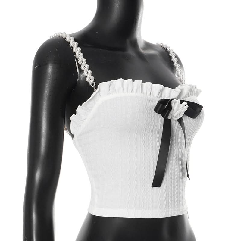 Chic Coquette Bow & Pearl Ruffle Crop Top - Strapless Fall Party & Holiday Ready