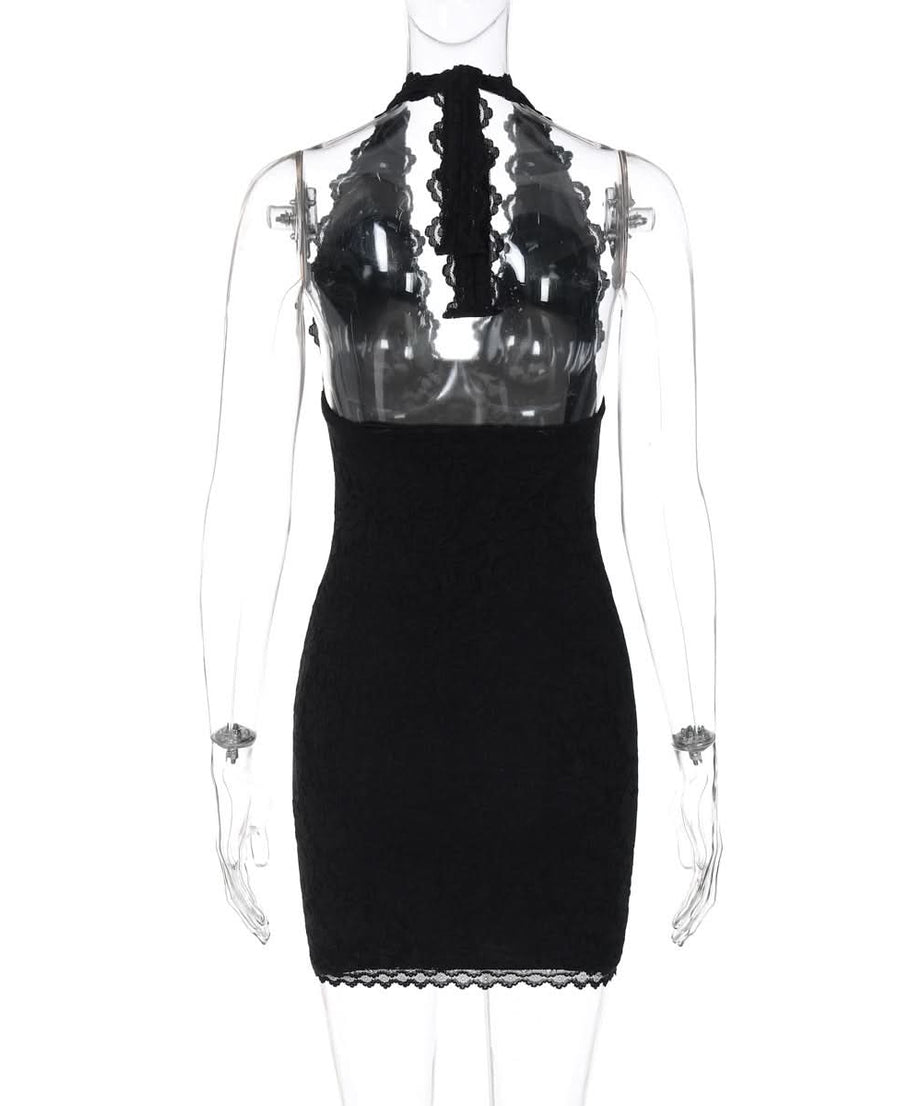 Autumn Allure: Black Lace Halter Bodycon Mini Dress - Your Chic Go-To for Fall & Holiday Parties