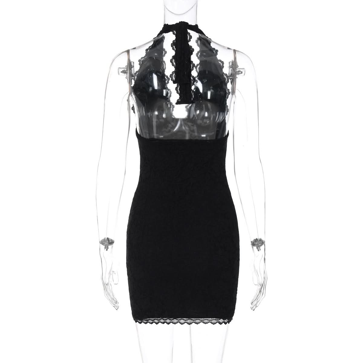 Autumn Allure: Black Lace Halter Bodycon Mini Dress - Your Chic Go-To for Fall & Holiday Parties