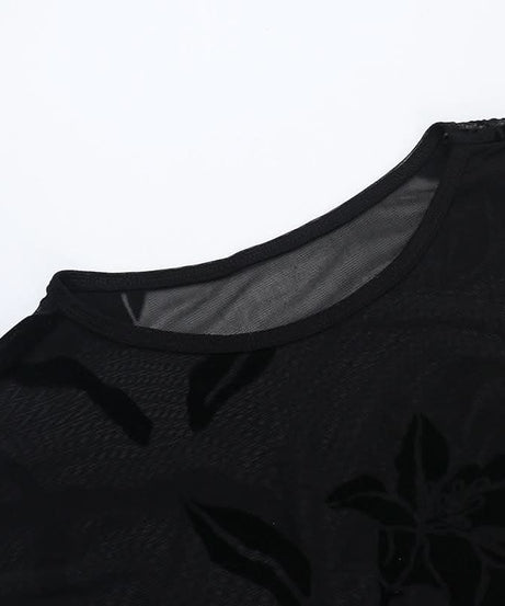 Dark Romance Flocked Floral Sheer Mesh Cap Sleeve Top - Fall's Enchanted Layer