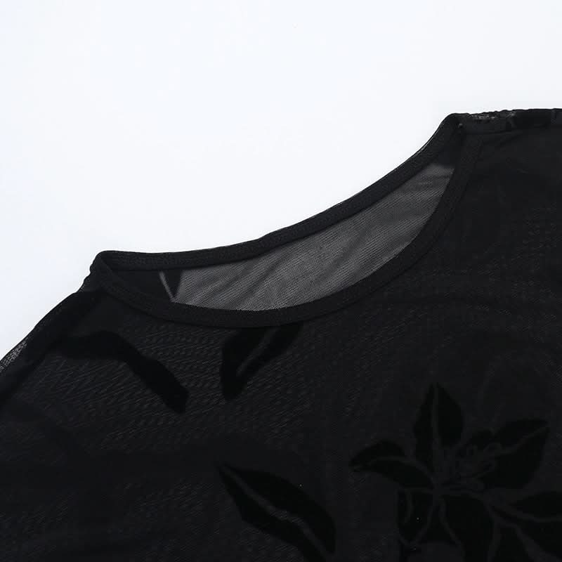 Dark Romance Flocked Floral Sheer Mesh Cap Sleeve Top - Fall's Enchanted Layer