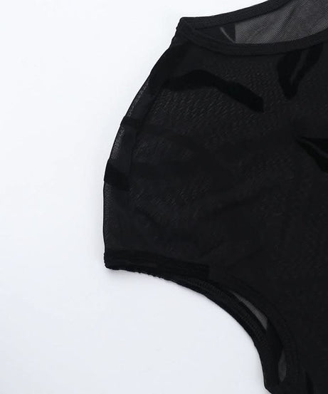 Dark Romance Flocked Floral Sheer Mesh Cap Sleeve Top - Fall's Enchanted Layer