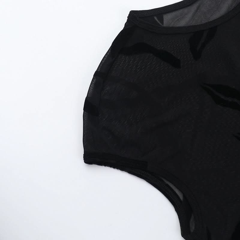 Dark Romance Flocked Floral Sheer Mesh Cap Sleeve Top - Fall's Enchanted Layer