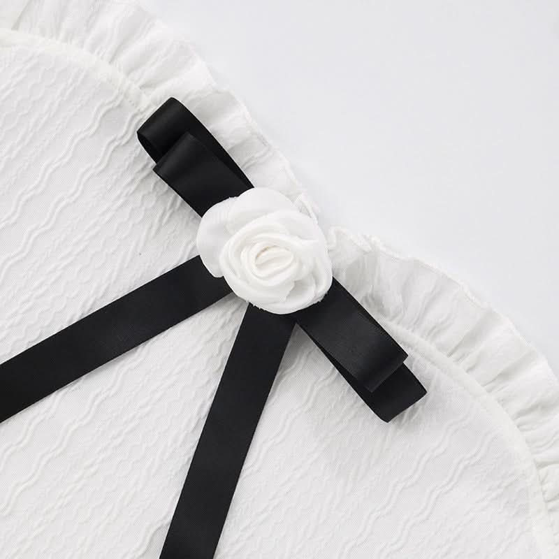 Chic Coquette Bow & Pearl Ruffle Crop Top - Strapless Fall Party & Holiday Ready