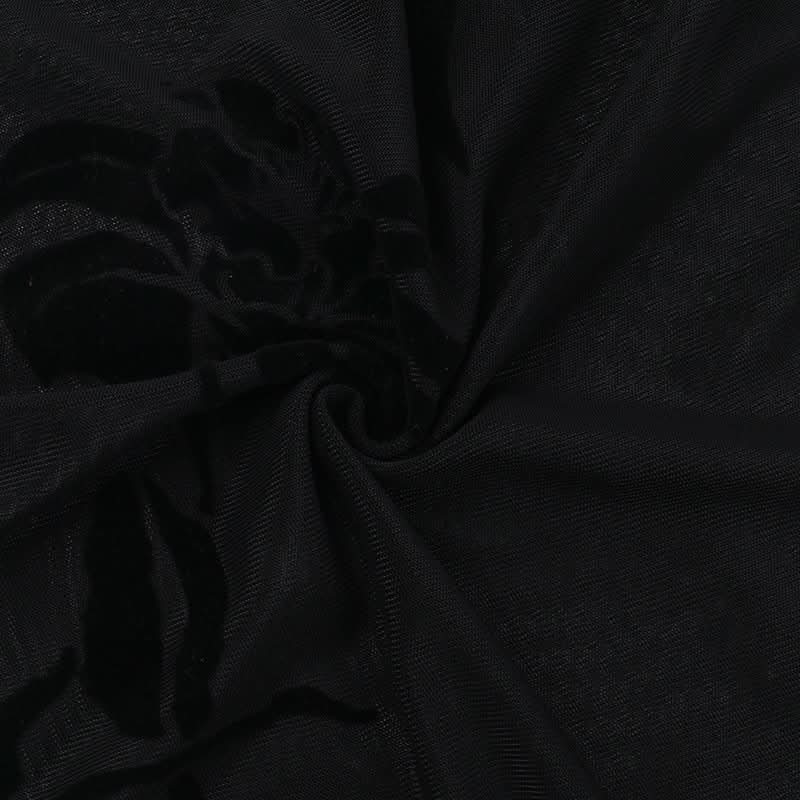 Dark Romance Flocked Floral Sheer Mesh Cap Sleeve Top - Fall's Enchanted Layer