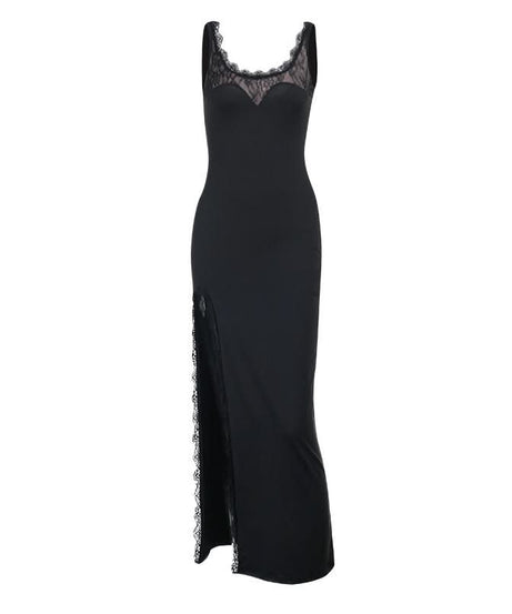 Sultry Black Lace-Trim Maxi Dress | High Slit & Open Back Gown for Fall & Holiday Parties
