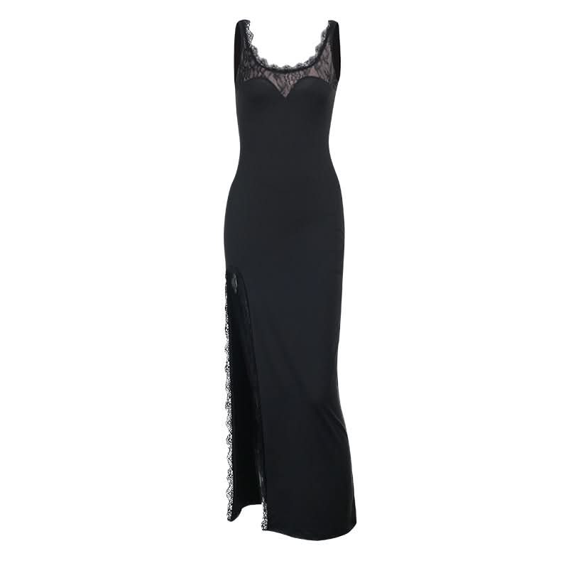 Sultry Black Lace-Trim Maxi Dress | High Slit & Open Back Gown for Fall & Holiday Parties
