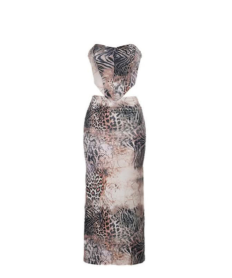 Fierce Fall Glam: Animal Print Cutout Maxi Set - Strapless Top & Skirt for Holiday Nights