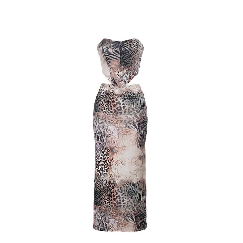 Fierce Fall Glam: Animal Print Cutout Maxi Set - Strapless Top & Skirt for Holiday Nights