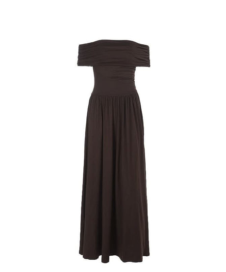 Effortless Fall Elegance: Ruched Off-Shoulder Maxi Dress - Rich Espresso