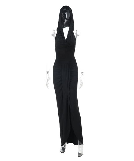 Mysterious Black Hooded Maxi Dress: Cowl Neck, Ruched & Slit for Fall Elegance