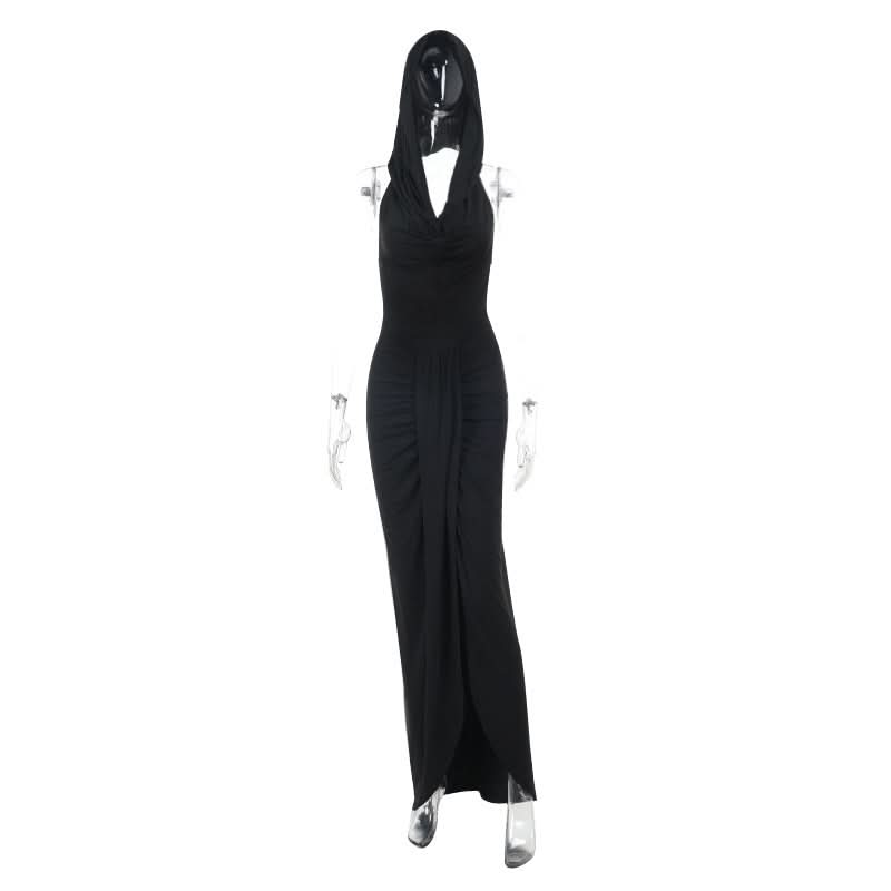 Mysterious Black Hooded Maxi Dress: Cowl Neck, Ruched & Slit for Fall Elegance