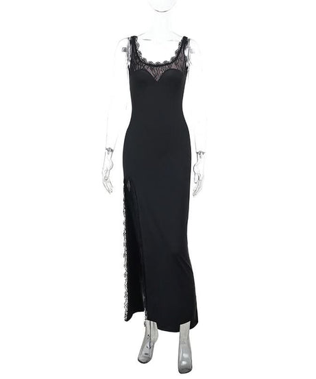 Sultry Black Lace-Trim Maxi Dress | High Slit & Open Back Gown for Fall & Holiday Parties