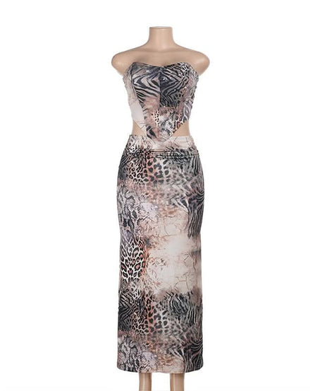 Fierce Fall Glam: Animal Print Cutout Maxi Set - Strapless Top & Skirt for Holiday Nights