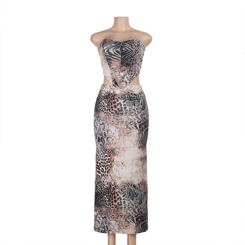 Fierce Fall Glam: Animal Print Cutout Maxi Set - Strapless Top & Skirt for Holiday Nights