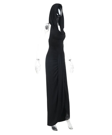 Mysterious Black Hooded Maxi Dress: Cowl Neck, Ruched & Slit for Fall Elegance