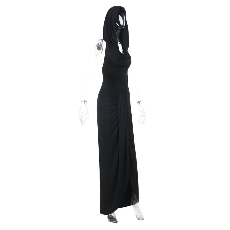 Mysterious Black Hooded Maxi Dress: Cowl Neck, Ruched & Slit for Fall Elegance