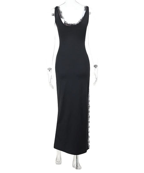 Sultry Black Lace-Trim Maxi Dress | High Slit & Open Back Gown for Fall & Holiday Parties