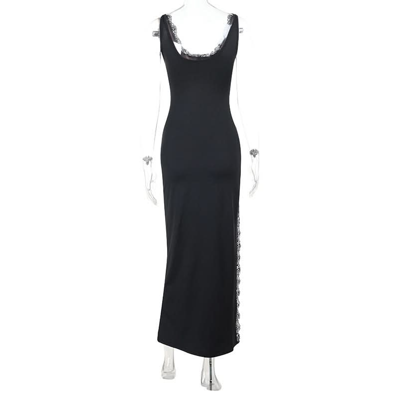 Sultry Black Lace-Trim Maxi Dress | High Slit & Open Back Gown for Fall & Holiday Parties