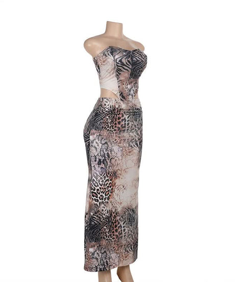 Fierce Fall Glam: Animal Print Cutout Maxi Set - Strapless Top & Skirt for Holiday Nights