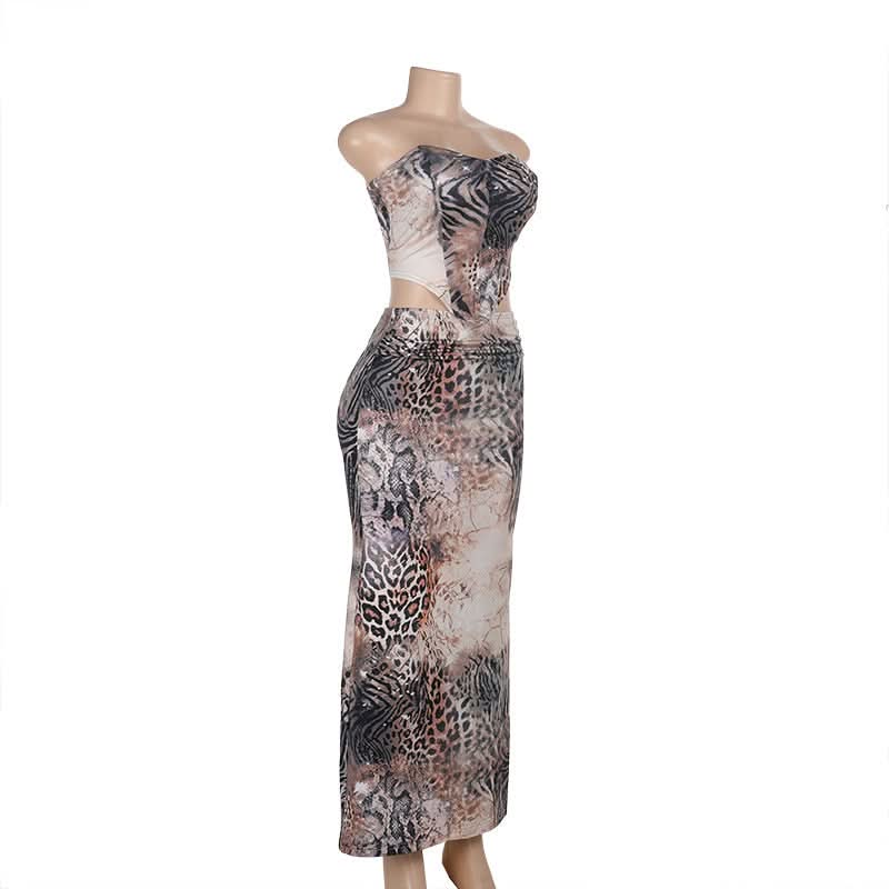 Fierce Fall Glam: Animal Print Cutout Maxi Set - Strapless Top & Skirt for Holiday Nights