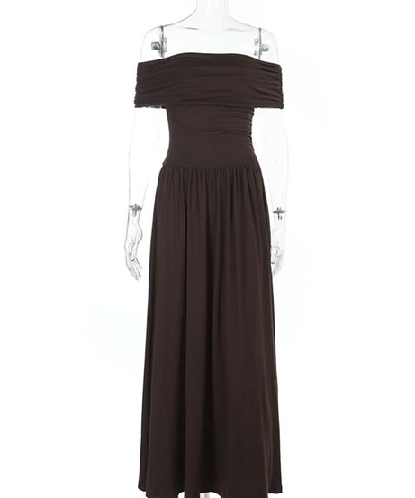 Effortless Fall Elegance: Ruched Off-Shoulder Maxi Dress - Rich Espresso