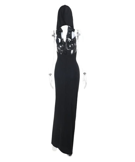 Mysterious Black Hooded Maxi Dress: Cowl Neck, Ruched & Slit for Fall Elegance