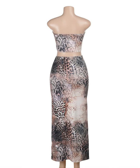 Fierce Fall Glam: Animal Print Cutout Maxi Set - Strapless Top & Skirt for Holiday Nights