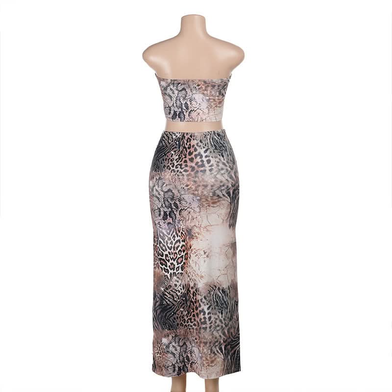Fierce Fall Glam: Animal Print Cutout Maxi Set - Strapless Top & Skirt for Holiday Nights