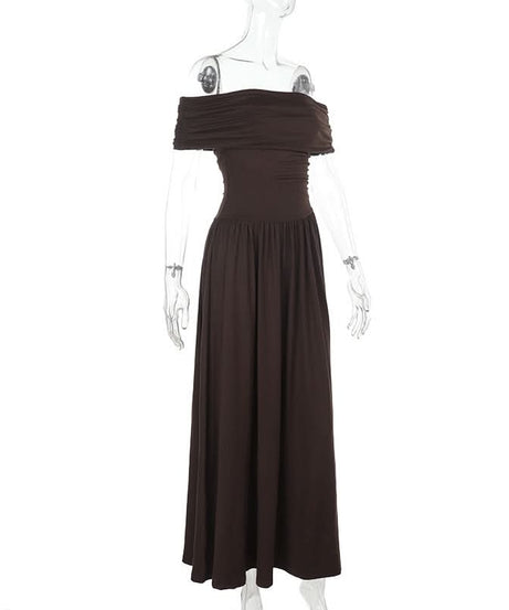 Effortless Fall Elegance: Ruched Off-Shoulder Maxi Dress - Rich Espresso