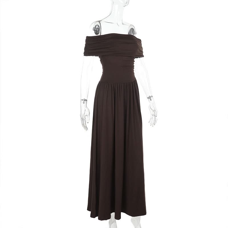 Effortless Fall Elegance: Ruched Off-Shoulder Maxi Dress - Rich Espresso