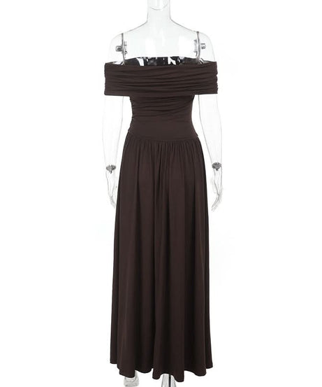Effortless Fall Elegance: Ruched Off-Shoulder Maxi Dress - Rich Espresso