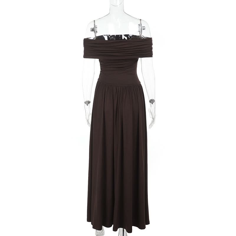 Effortless Fall Elegance: Ruched Off-Shoulder Maxi Dress - Rich Espresso