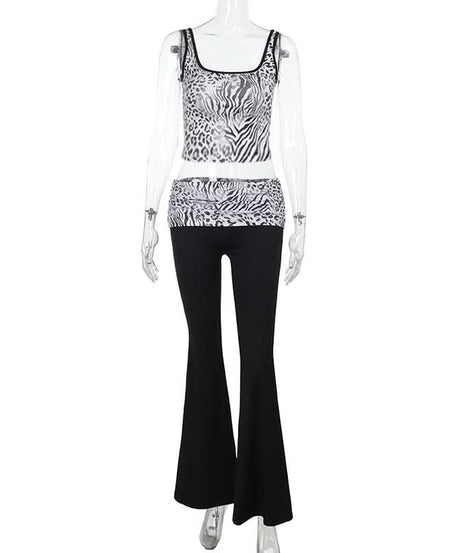 Chic Zebra Leopard Print Two-Piece Set for Women | Comfy Crop Tank Top & High-Waist Pants | Fall Athleisure Style