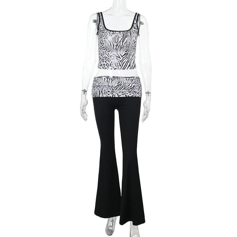 Chic Zebra Leopard Print Two-Piece Set for Women | Comfy Crop Tank Top & High-Waist Pants | Fall Athleisure Style