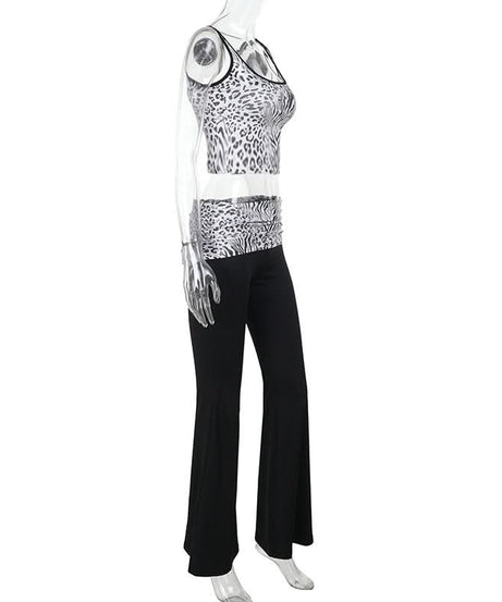 Chic Zebra Leopard Print Two-Piece Set for Women | Comfy Crop Tank Top & High-Waist Pants | Fall Athleisure Style