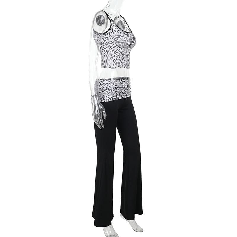 Chic Zebra Leopard Print Two-Piece Set for Women | Comfy Crop Tank Top & High-Waist Pants | Fall Athleisure Style
